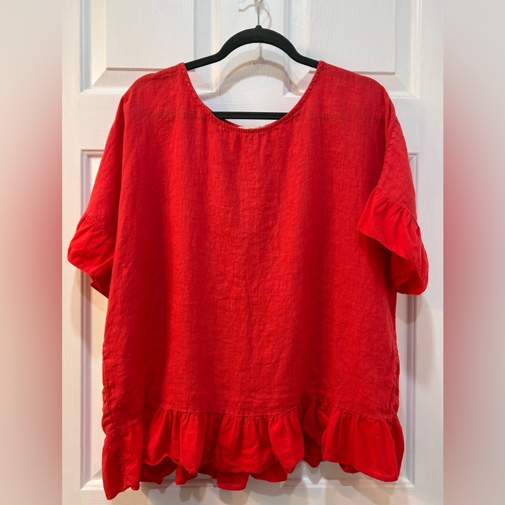 Terzo Millennio Italy Ruffle Hem Linen Tunic Top Sz L Oversized Boxy Cottagecore